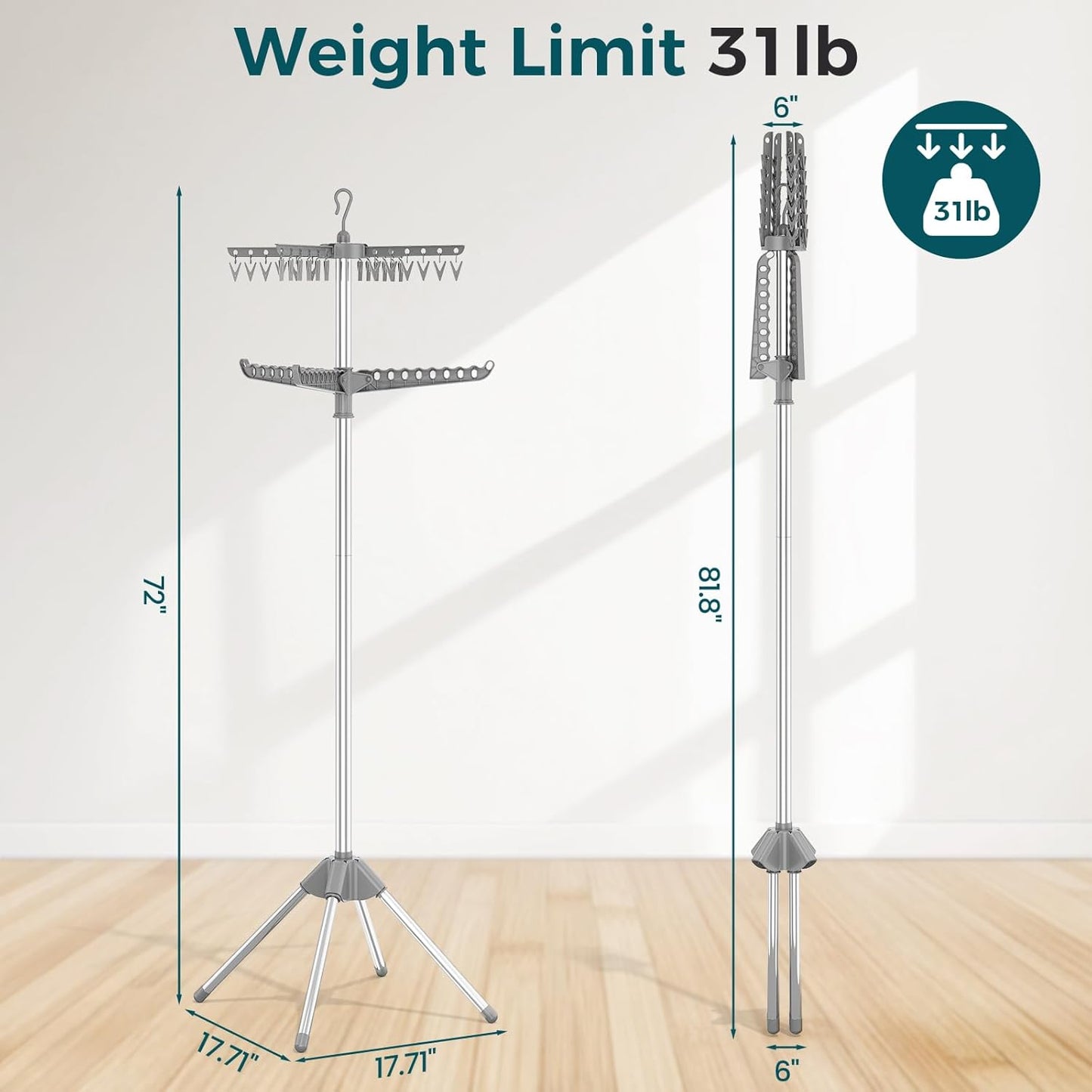 KINGBOARD Clothes Drying Rack, 2-Tier Foldable Drying Rack Clothing, 72-Inch Laundry Drying Rack with 3 Rotatable Arms and 24 Clips, Free Standing Drying Rack, Grey and Silver
