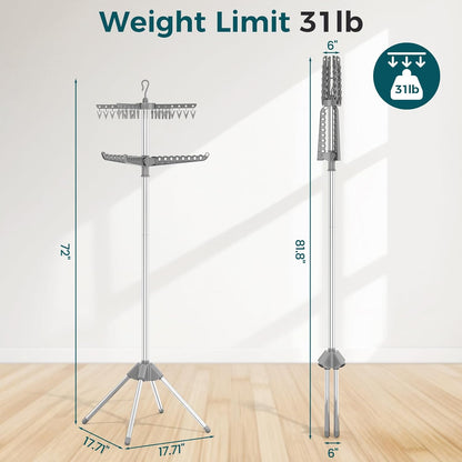 KINGBOARD Clothes Drying Rack, 2-Tier Foldable Drying Rack Clothing, 72-Inch Laundry Drying Rack with 3 Rotatable Arms and 24 Clips, Free Standing Drying Rack, Grey and Silver