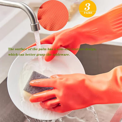 3 Pairs Household Extra Long Kitchen Gloves for Washing Dishes，20.05inches Rubber Cleaning Gloves，Reusable Latex Living Wash Gloves，Long Sleeves(Large, Red)