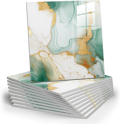 Chejiaye 10pcs Marble Peel and Stick Backsplash Waterproof Washroom Wall Panels, Peel and Stick Tile, PVC Foam Wall Panels for Kitchen,Bathroom,Living Room,Blue and Gold(Not Real Tile,11.8" x 11.8")