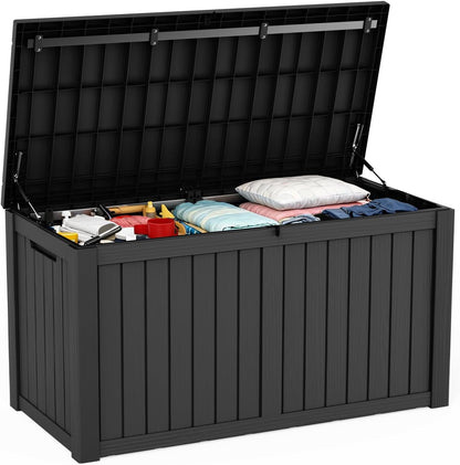 ROJIK 55Gal Outdoor Storage Box Waterproof Deck Box | Heavy-duty UV-resistant resin, space-saving for balcony/patio, stores cushions/tools/pool gear, lockable lid as table/bench