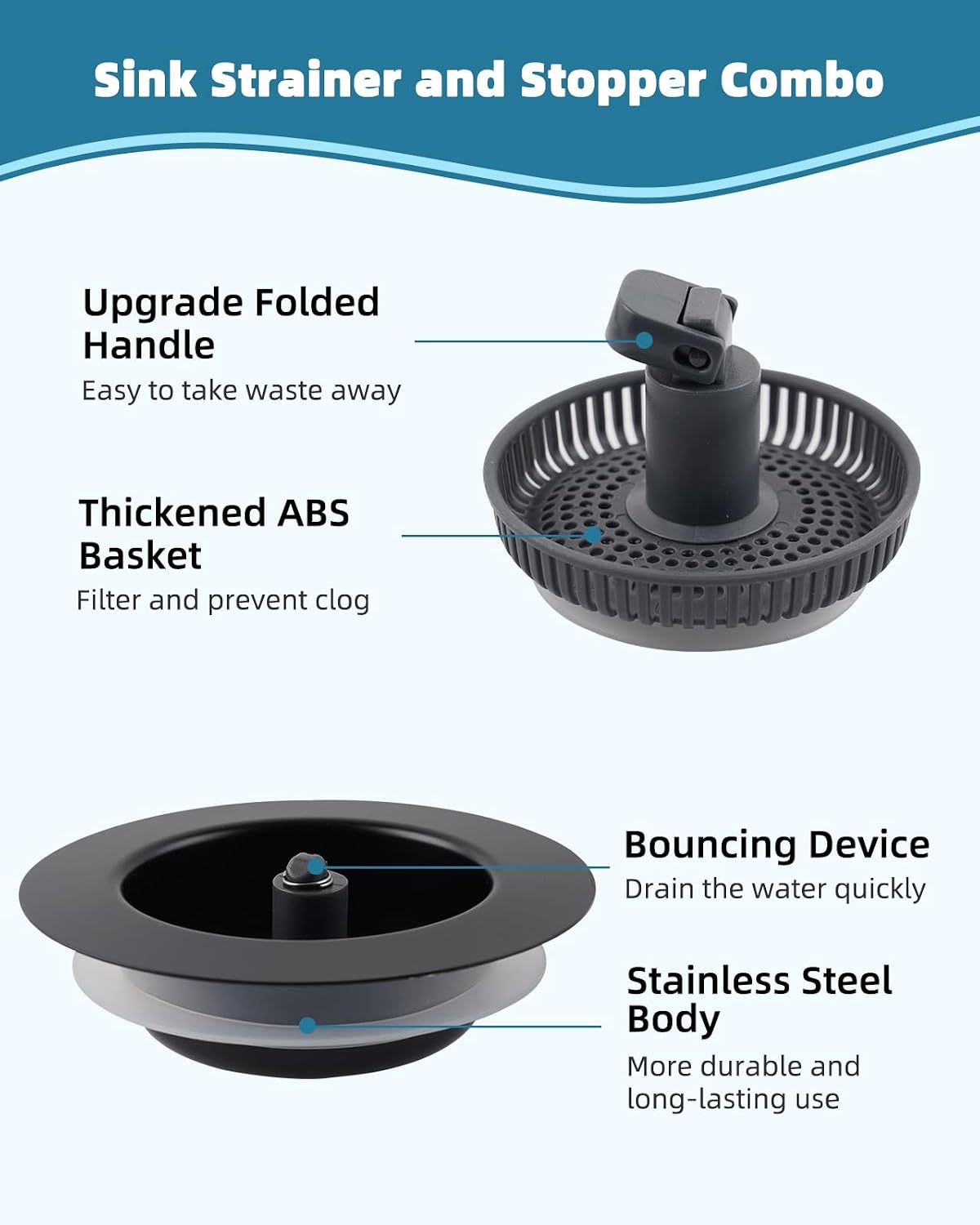 All Metal Sink Drain Strainer for Kitchen Sink, Universal Fit | Pop Up 3-in-1 Sink Stopper Drainer, 304 Stainless Steel Basket for US Standard 3-1/2 inch Drain Filter, Anti-clog