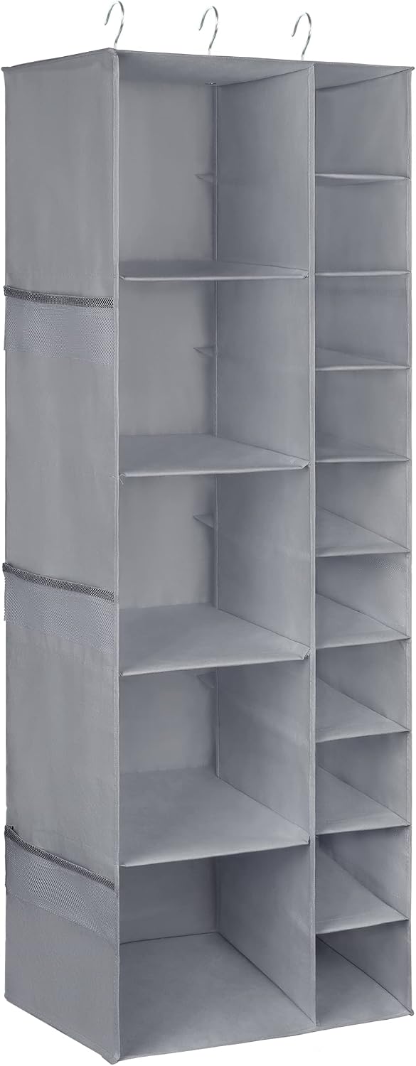 Libeder Shoe Organizer for Closet, 15 Shelf Hanging Closet Storage Shelves - 10 Shoe Rack Organizer and 5 Compartment for Clothes with 6 Side Mesh Pockets for Scarves Socks,Gloves, Grey