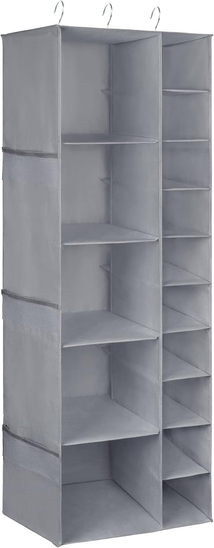 Libeder Shoe Organizer for Closet, 15 Shelf Hanging Closet Storage Shelves - 10 Shoe Rack Organizer and 5 Compartment for Clothes with 6 Side Mesh Pockets for Scarves Socks,Gloves, Grey