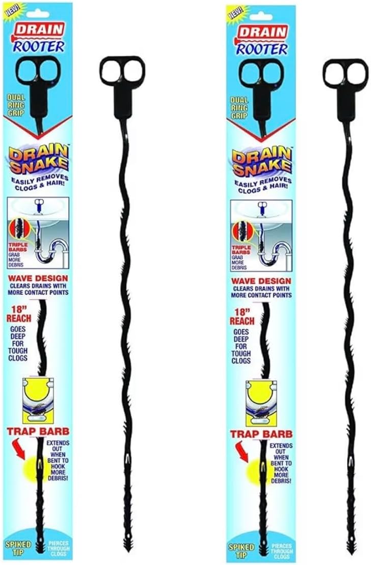 18-Inch Drain Snake Hair Clog Remover Tool - 2 Pack Flexible Plastic Drain Auger with Dual Ring Grip, Wave Design & Spiked Tip for Sink, Shower & Tub Cleaning