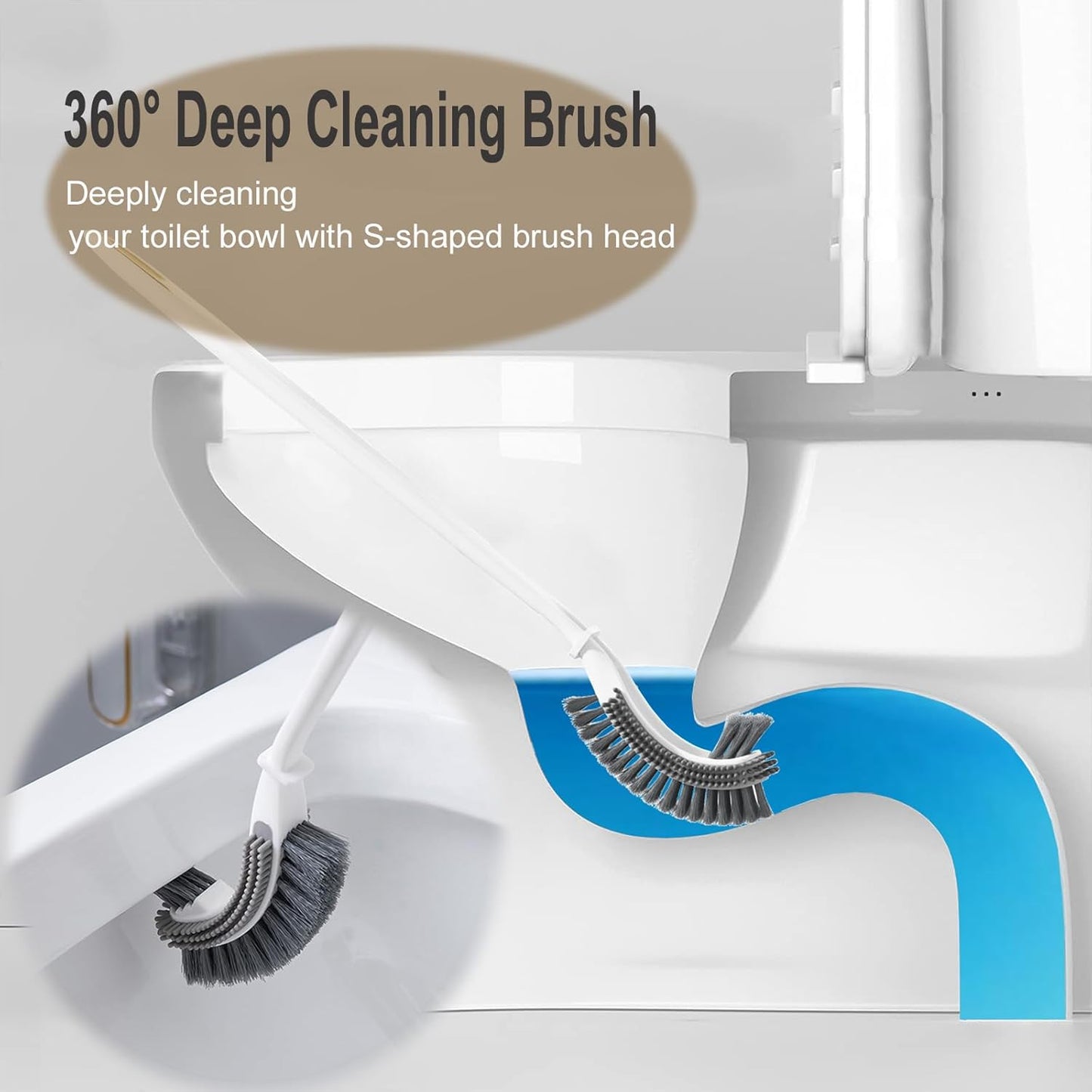 Curved Toilet Brush and Holder Set 2 Pack - Under Rim Toilet Bowl Scrubber with S-Shaped Brush Head & Back Scrubber, Compact Wall Mounted Toilet Cleaning Brush for Bathroom (White)
