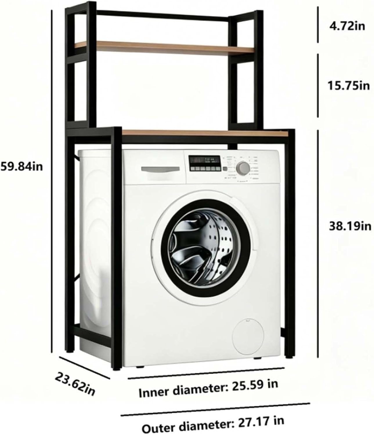 Laundry Room Space Saver Shelf, Over The Washer Dryer 2-Tier Storage Rack with Wood Top, Heavy-Duty Metal Frame Washing Machine Organizer Stand, Organization Unit for Bathroom, Balcony, Utility(Black)
