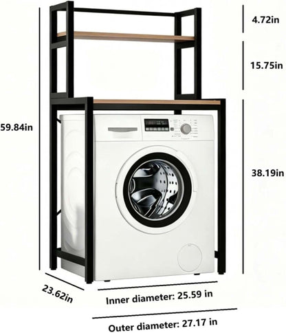 Laundry Room Space Saver Shelf, Over The Washer Dryer 2-Tier Storage Rack with Wood Top, Heavy-Duty Metal Frame Washing Machine Organizer Stand, Organization Unit for Bathroom, Balcony, Utility(Black)