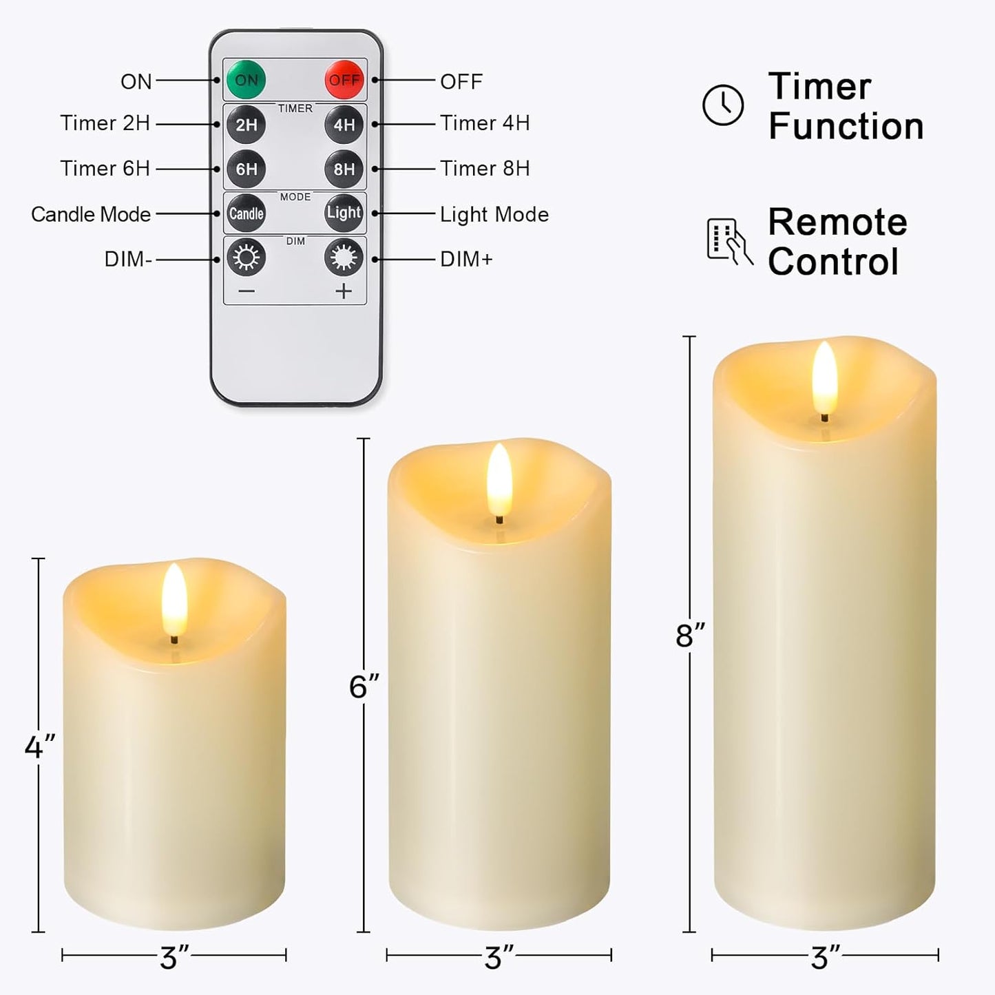 Outdoor Flameless Candles with Remote Timer - Waterproof Realistic Flickering LED Pillar Electric Battery Operated Fake Candle for Holiday Home Wedding Fireplace Decor - Ivory White 3 Pack (4”6”8”)