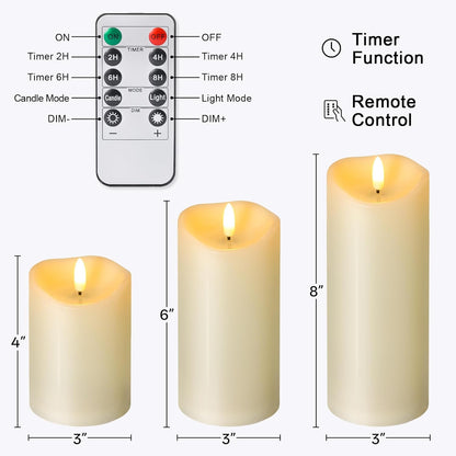 Outdoor Flameless Candles with Remote Timer - Waterproof Realistic Flickering LED Pillar Electric Battery Operated Fake Candle for Holiday Home Wedding Fireplace Decor - Ivory White 3 Pack (4”6”8”)