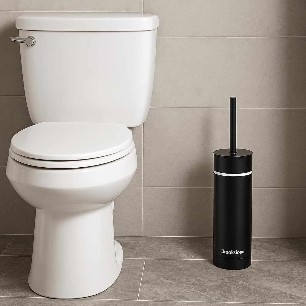 BROOKSTONE Toilet Brush and Holder Set for Bathroom with Splash Guard for Deep Cleaning, Compact and Space Saving Stylish Toilet Bowl Cleaners, Chrome