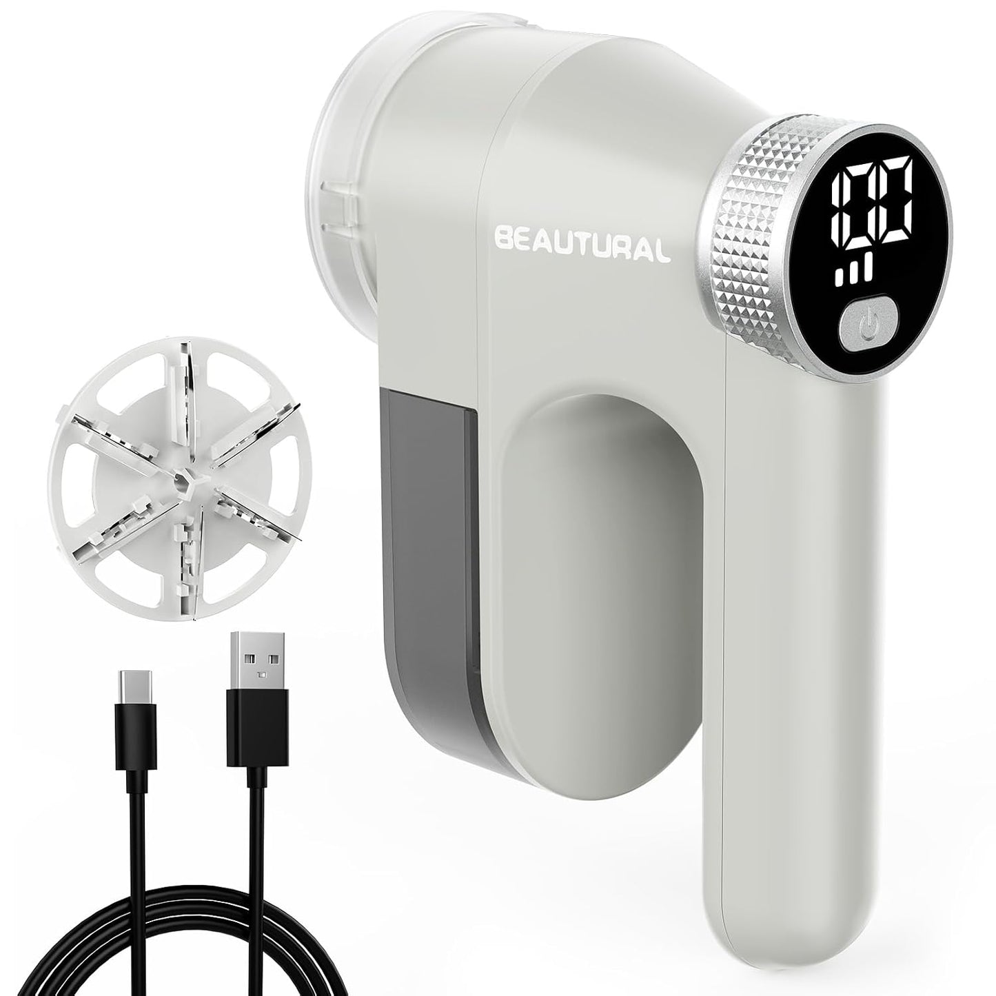 BEAUTURAL Fabric Shaver, Rechargeable Lint Remover, Electric Portable Sweater Defuzzer with 3 Speeds, 6 Leaf Blades, Digital LED Display, Remove Pilling for Clothes, Furniture, Sweater, Couch, Blanket