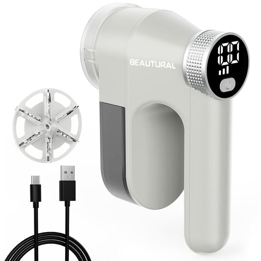 BEAUTURAL Fabric Shaver, Rechargeable Lint Remover, Electric Portable Sweater Defuzzer with 3 Speeds, 6 Leaf Blades, Digital LED Display, Remove Pilling for Clothes, Furniture, Sweater, Couch, Blanket