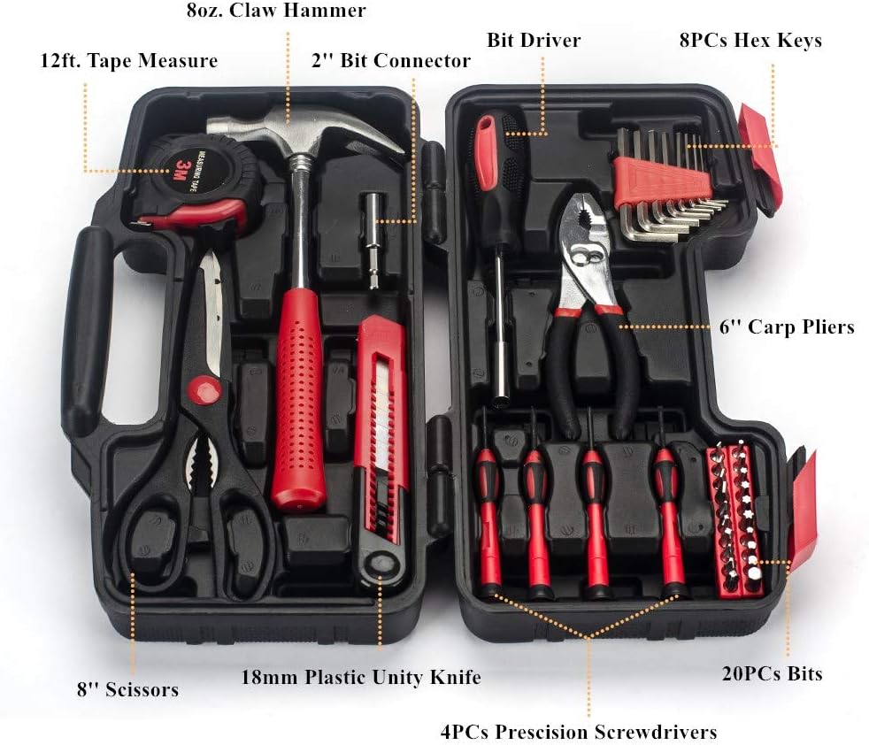 39-Piece General Tool Set-Essential Household Hand Tool Kit with Portable Toolbox Storage Case (Red)