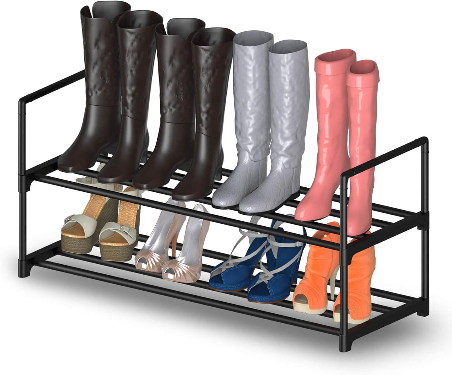 Hsscblet 5 Tiers Metal Shoe Rack,Adjustable Shoe Shelf Storage Organizer with Hooks,Stackable Boot & Shoe Storage,for Entryway,Hallway,Closet,Black