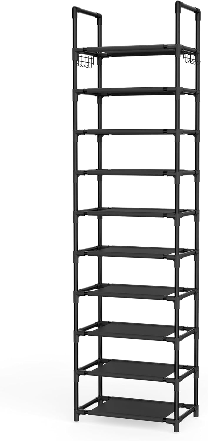 LANTEFUL 10 Tiers Shoe Rack 50 Pairs Large Capacity Tall Shoe Organizer Sturdy Shoe Storage with Two Hooks Space Saving Metal Wide Shoe Rack for Closet, Entryway, Bedroom, Black