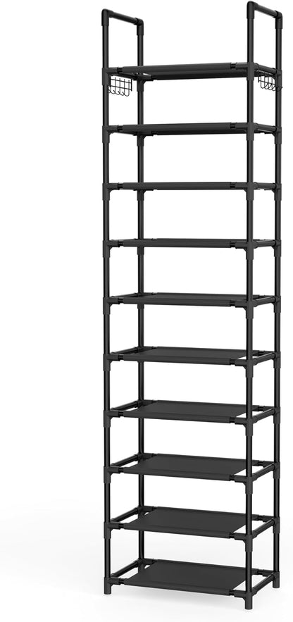 LANTEFUL 10 Tiers Shoe Rack 50 Pairs Large Capacity Tall Shoe Organizer Sturdy Shoe Storage with Two Hooks Space Saving Metal Wide Shoe Rack for Closet, Entryway, Bedroom, Black