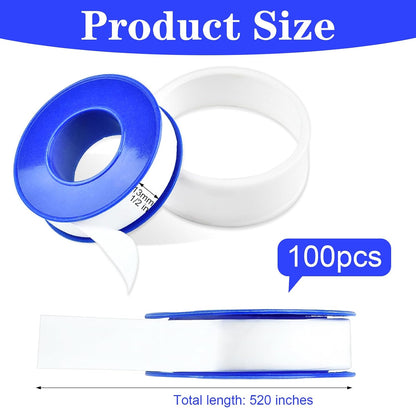 100 Rolls Teflon Tape,1/2 x 520 in Plumbers Tapes, PTFE Tape Waterproof Sealant Pipe Tape for Shower Head,Pipe Reparing,Thread Tape,White
