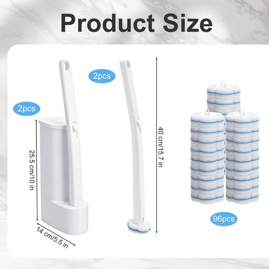 2 Pack Disposable Toilet Bowl Brush and Holder, Toilet Cleaning System-2 Toilet Bowl Wand, 2 Storage Caddy&96 Toilet Brush Refills Wall-Mount Toilet Brush for Effective Deep Scrub Toilet
