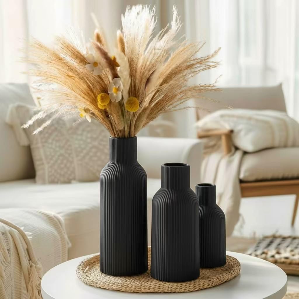 White Ceramic Flower Vases Set of 3, Modern Matte Vertical Ribbed, Nordic Minimalist Decor for Pampas, Dried & Fresh Flowers, Centerpiece for Living Room, Shelf, Entryway, Wedding,Office