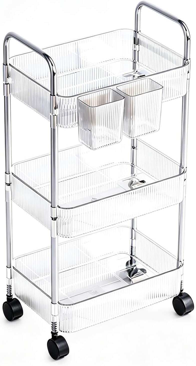 4-Tier Plastic Rolling Utility Cart with Wheels, Multifunctional Storage Organizer Cart for Home, Office, Kitchen & Bathroom, Ultra Narrow & Clear, 4.7”W * 12.8”L * 33”H