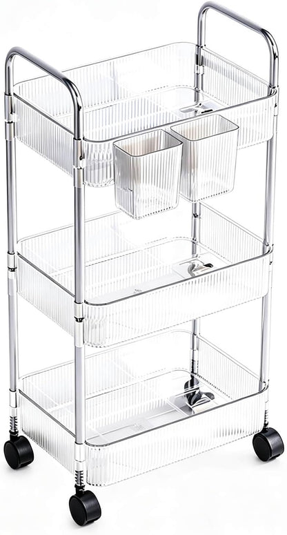 4-Tier Plastic Rolling Utility Cart with Wheels, Multifunctional Storage Organizer Cart for Home, Office, Kitchen & Bathroom, Ultra Narrow & Clear, 4.7”W * 12.8”L * 33”H