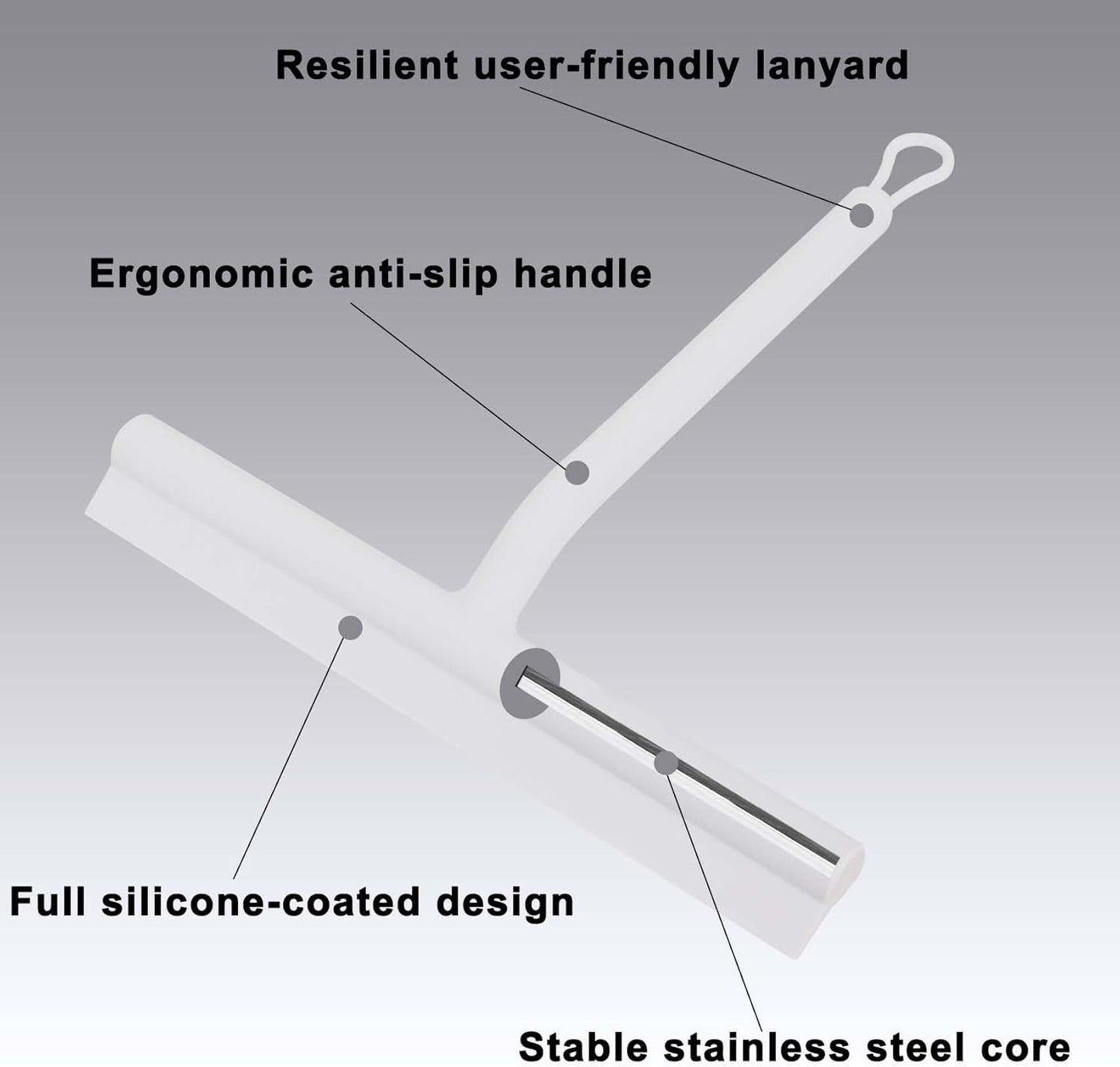 Squeegee for Shower Glass Doors, Resilient Loop - No-Drill & Adhesive Hook, Silicone Shower Squeegee with Stainless Steel Core, Cleaning Tool for Home, Kitchen, Bathroom & Car - Black