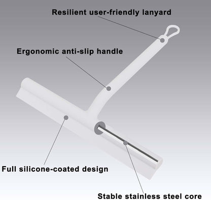 Squeegee for Shower Glass Doors, Resilient Loop - No-Drill & Adhesive Hook, Silicone Shower Squeegee with Stainless Steel Core, Cleaning Tool for Home, Kitchen, Bathroom & Car - Black