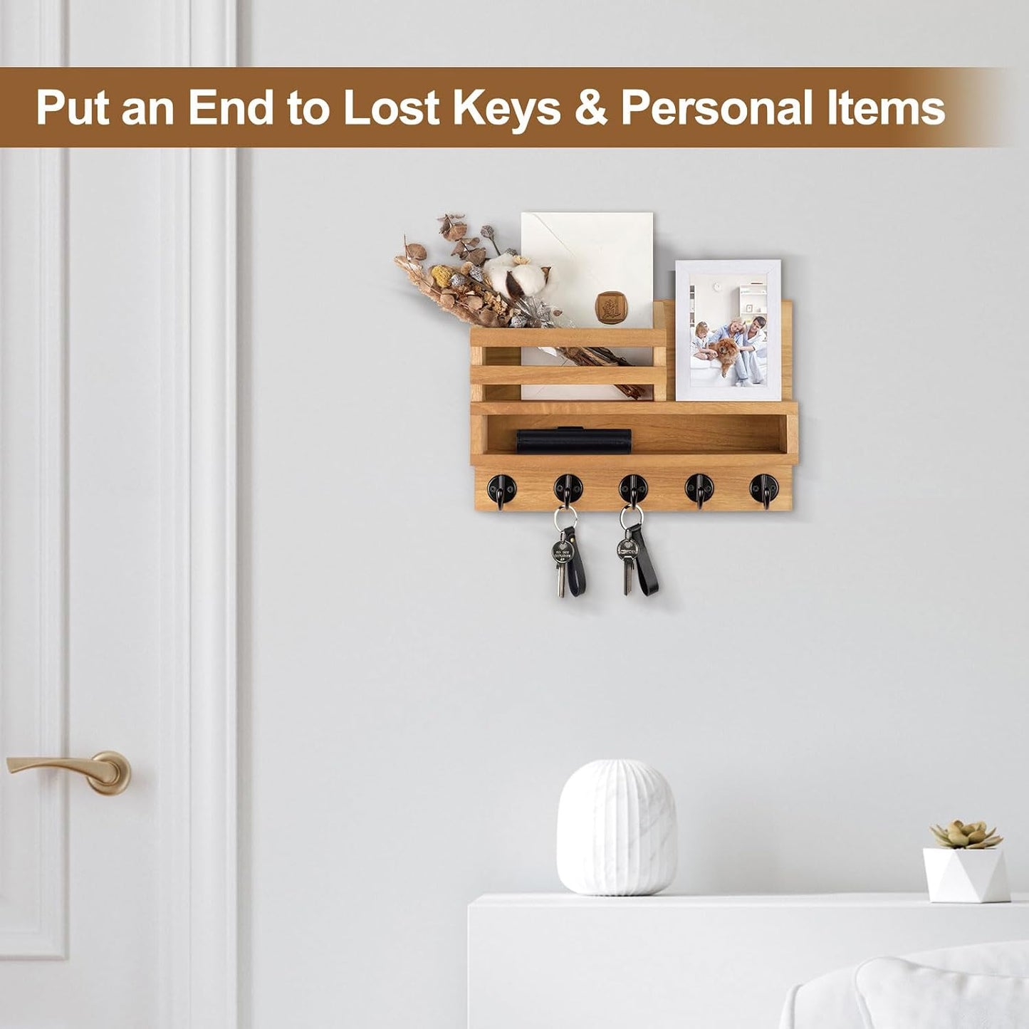 Key and Mail Holder Wall Mount, Key Hanger with Long Storage Box and 5 Hooks for Coat, Dog Leash, Home Decor Rack, House Accessories, Entry Way Organizer 11.8”W x 7.8”H x 3.2”D