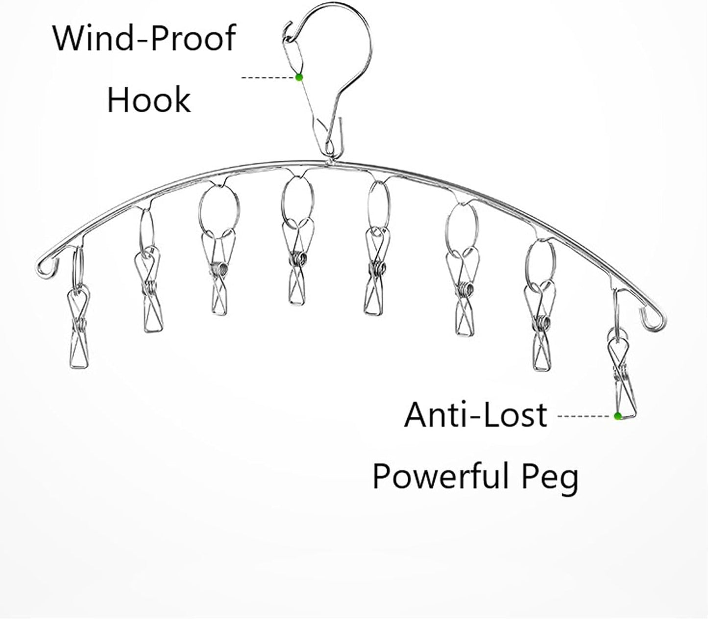 2Pcs Clothes Drying Hanger with 16 Clips, Stainless Steel Sock Air Drying Rack, Windproof Anti-Lost for All Small Laudry Item and Herbs