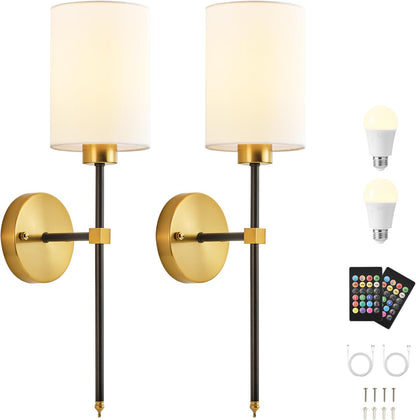 Battery Operated Wall Sconces Set of Two,Wireless Rechargeable Wall Light With Remote Control, Dimmable, Amber Light/Warm White/Natural White/Daylight/RGB, Timer,for Living Room,Bedroom,Entryway,Gold