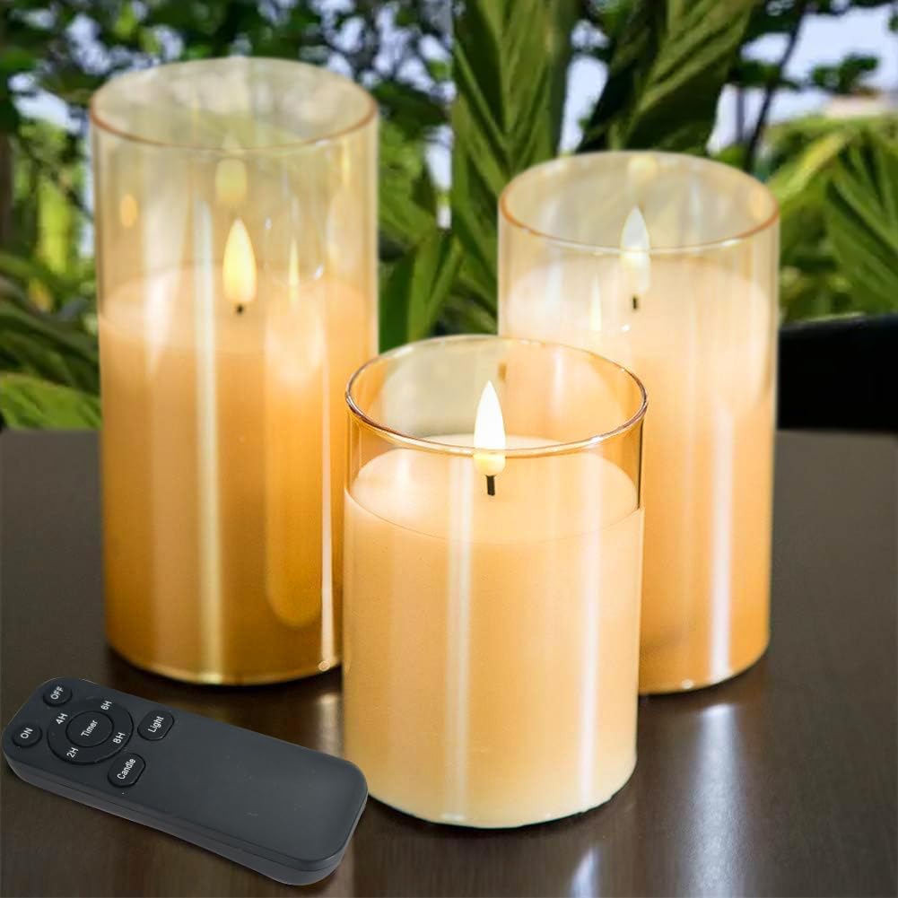 Battery Operated Flameless Candles with Remote Timer Real Wax Realistic Bright Flicker Flickering Electric Electronic LED Pillar Lights Home Wedding Party Decorations Set of 3 Rustic Texture Gray Grey