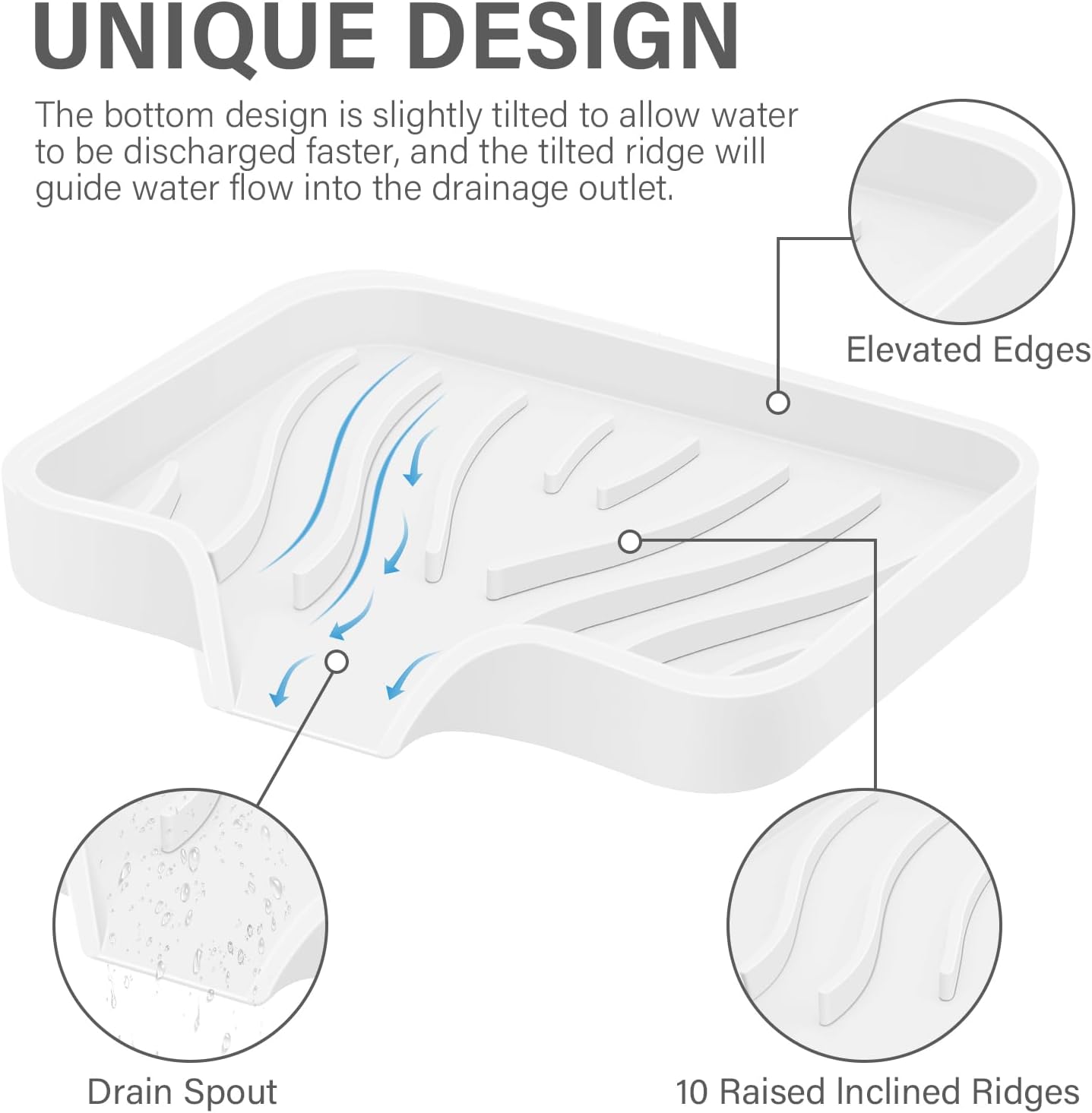 2PCS Self Draining Soap Holder,Spofit Silicone Soap Dish, Suitable for for Kitchen, Bathroom, Shower, Bath Tub,Soap Container (White)