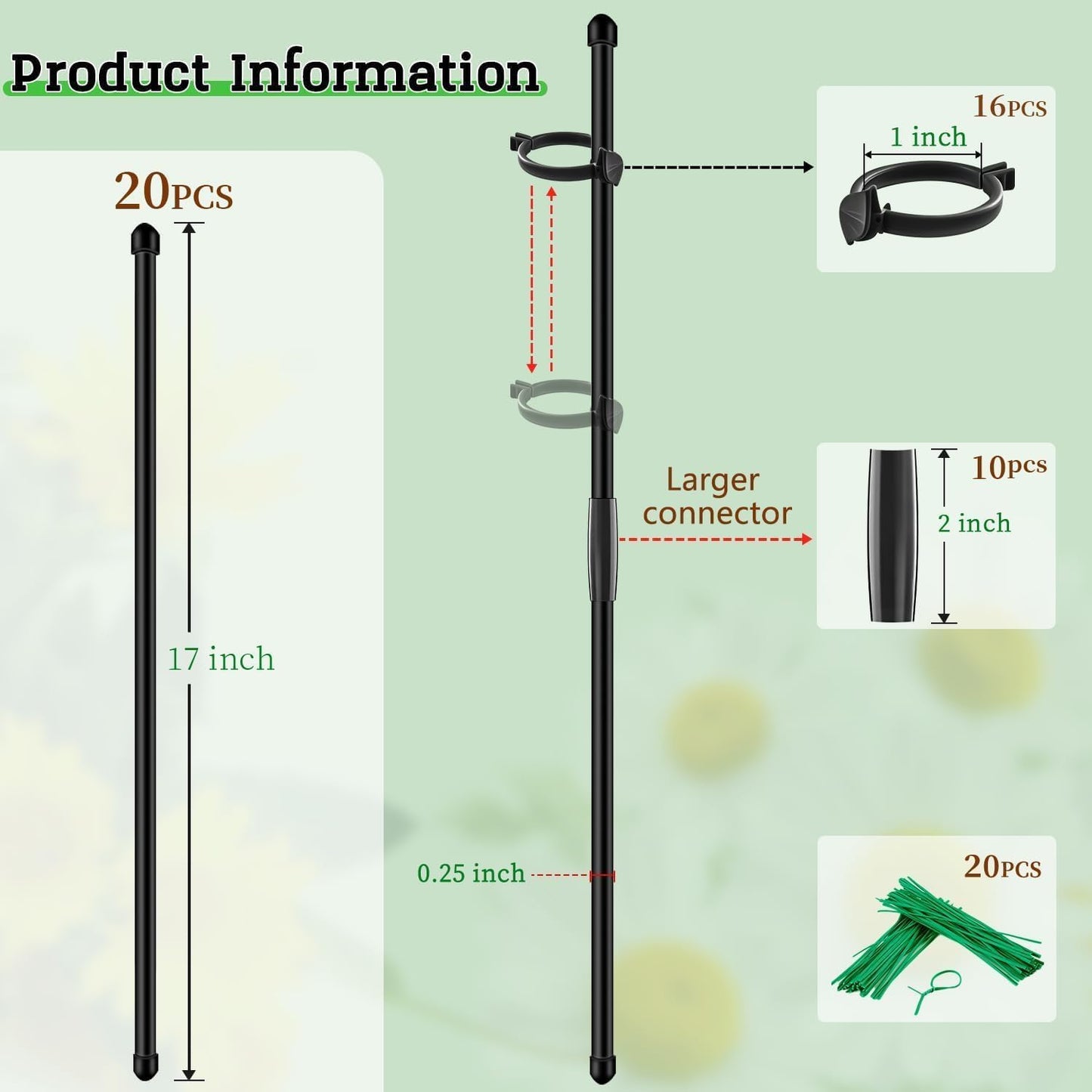 20Pcs Plant Support Stakes 17 inch SupKing Garden Orchid Sticks Extended to 3ft 4ft 5ft Plant Poles with Clips for Indoor Outdoor Potted Tomato Rose Amaryllis Vegetables Comes with 20 Ties（Green）