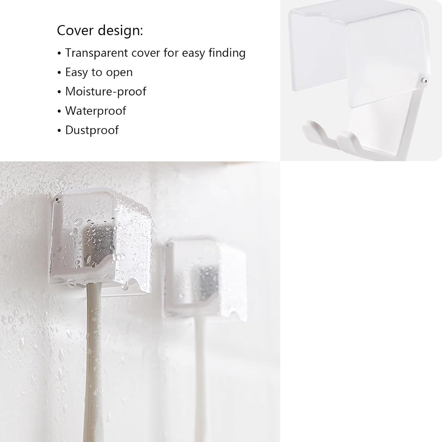 2PCS White Toothbrush Holder Wall Mounted with Cover, Toothbrush Storage Organizer for Dorm, Self Adhesive Toothbrush Hanger, for Bathroom, Shower, Cabinet, with 2PCS White Toothpaste Clip