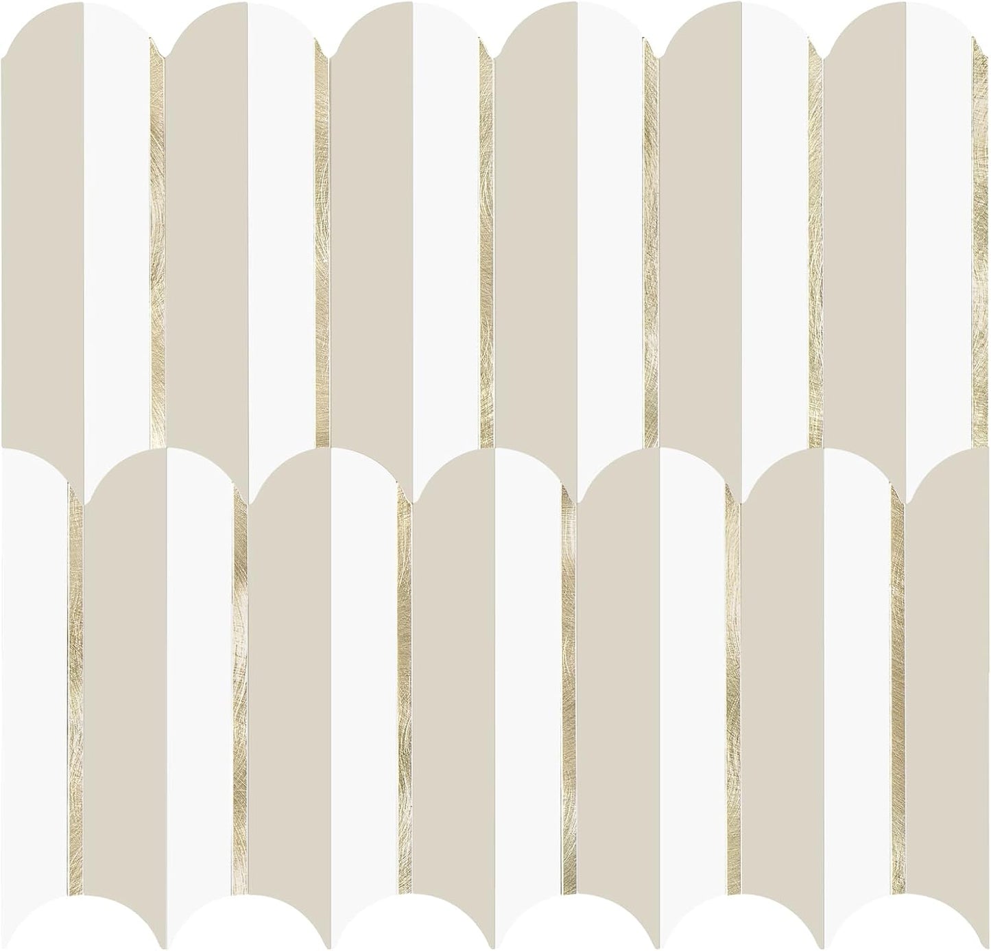 Vamos Peel and Stick Backsplash Seamless Tile for Kitchen and Bathroom,White and Beige Slate PVC Mixed Light Gold Self Adhesive Fish Scale Metal Mosaic Tiles (10 Sheets)