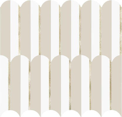 Vamos Peel and Stick Backsplash Seamless Tile for Kitchen and Bathroom,White and Beige Slate PVC Mixed Light Gold Self Adhesive Fish Scale Metal Mosaic Tiles (10 Sheets)