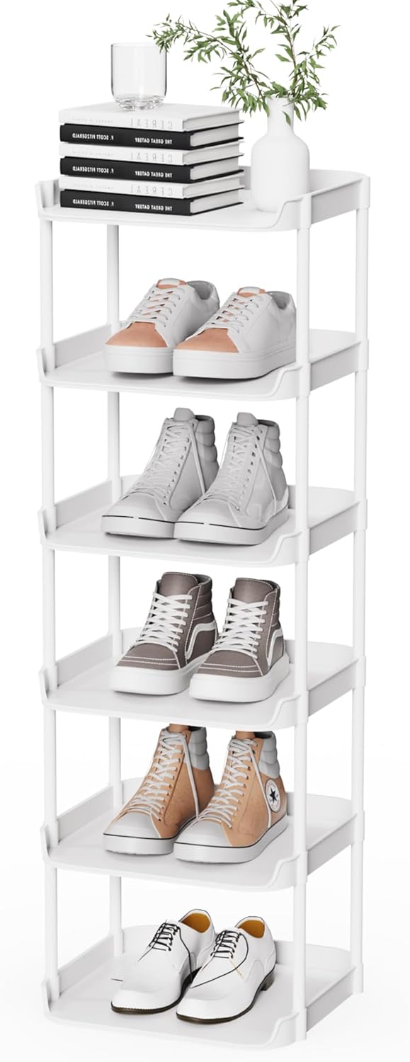 6 Tier Vertical Narrow Shoe Rack, Stackable Tall Skinny Shoerack, Compact Single Shoes Storage Tower for Slim Space, Corner Plastic Shelves, for Hallways, Entryway, Bedrooms Organizer, Black