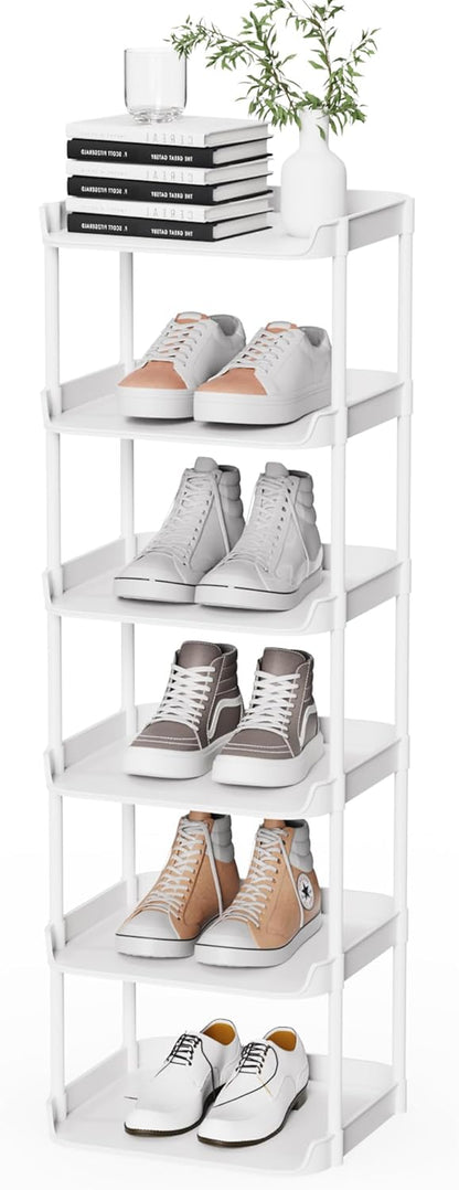 6 Tier Vertical Narrow Shoe Rack, Stackable Tall Skinny Shoerack, Compact Single Shoes Storage Tower for Slim Space, Corner Plastic Shelves, for Hallways, Entryway, Bedrooms Organizer, Black