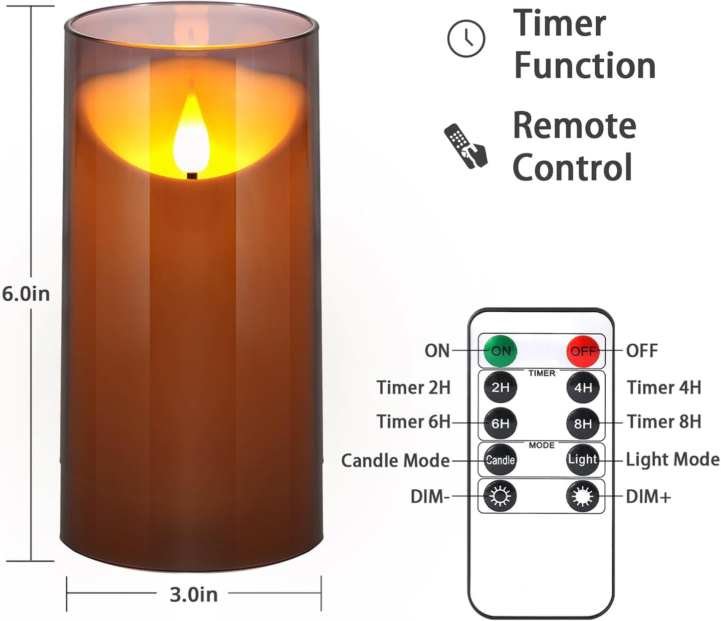 NURADA Flameless Candles with Remote Timer - Glass Real Wax 3D Wick LED Pillar Votive Candle Set Battery Operated Flickering Light for Home Christmas Decoration - White 3 Pack