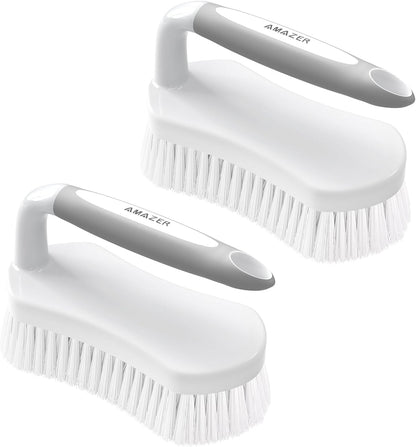 Amazer Scrub Brush for Cleaning Comfort Grip Shower Scrubber Stiff Bristles with Handle Heavy Duty Cleaner Brush for Tub Sink Carpet Floor - Pack of 2 (Green+Green)