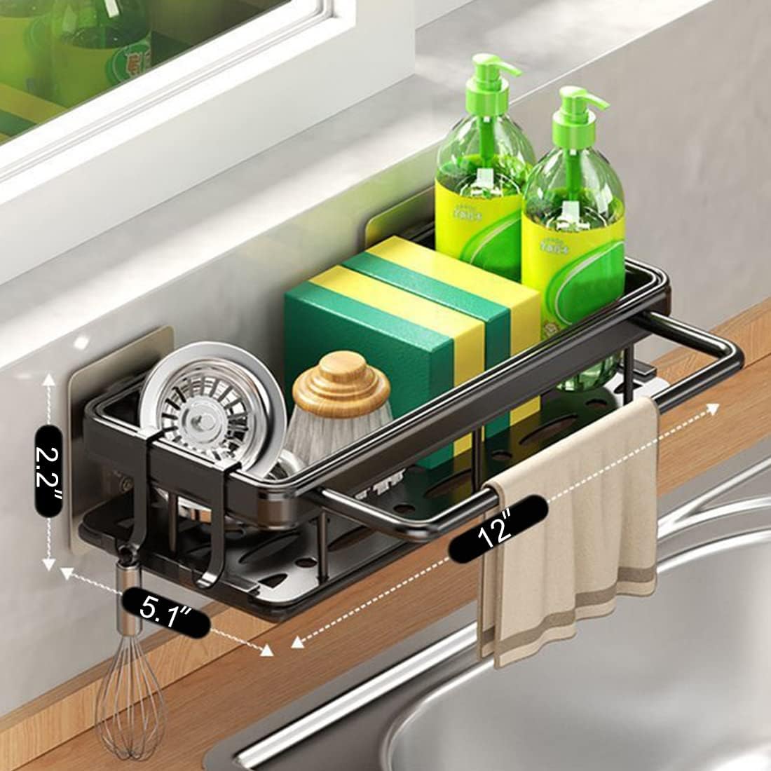 Self Adhesive Sponge Holder, Kitchen Wall Mount Sink Caddy Aluminum Drying Drain Rack Storage,Peeler, Brush, Soap, Cloth Rag,Towel Organizer with Removable Drip Tray for Countertop,No Drilling