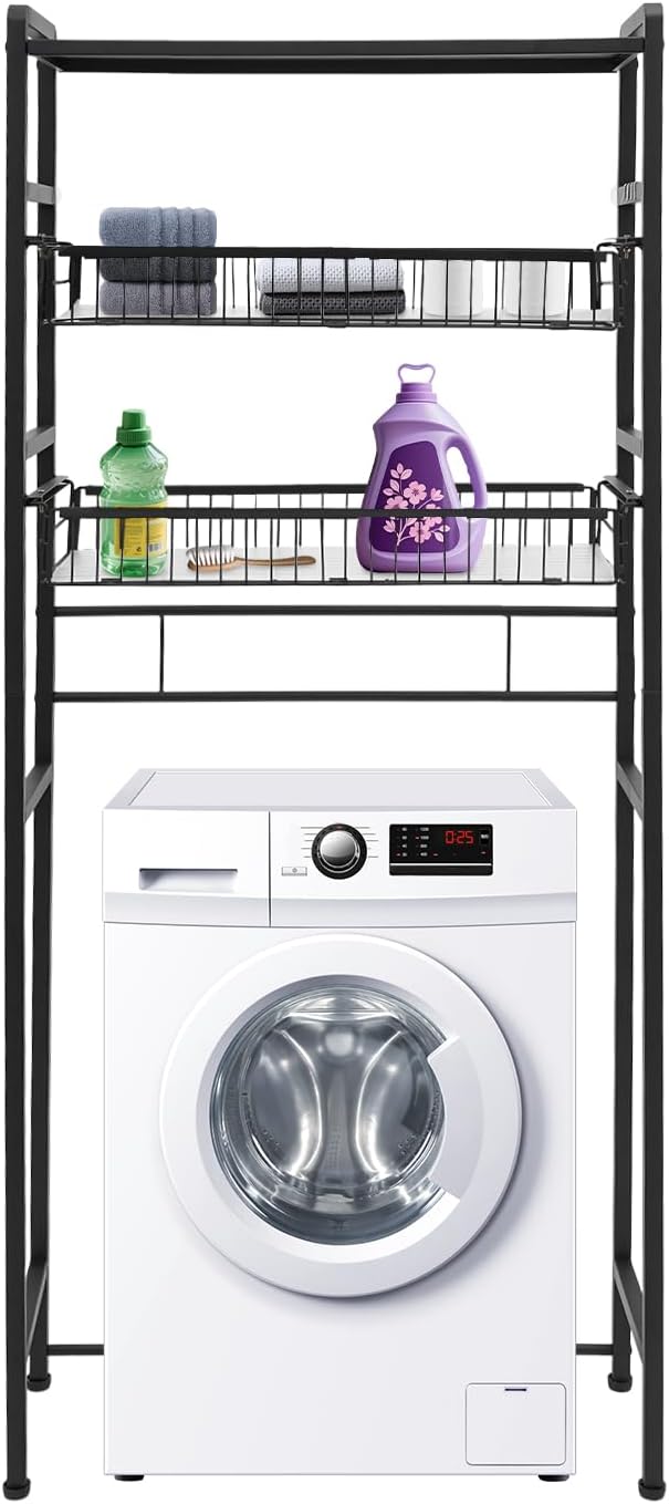 Over The Washer and Dryer Storage Shelf, 3 Tiers Laundry Room Organization and Storage Standing Shelf Washing Machine Storage Cabinet, Laundry Room Shelf with Hooks Space Saver