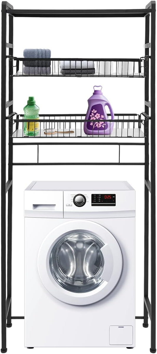 Over The Washer and Dryer Storage Shelf, 3 Tiers Laundry Room Organization and Storage Standing Shelf Washing Machine Storage Cabinet, Laundry Room Shelf with Hooks Space Saver