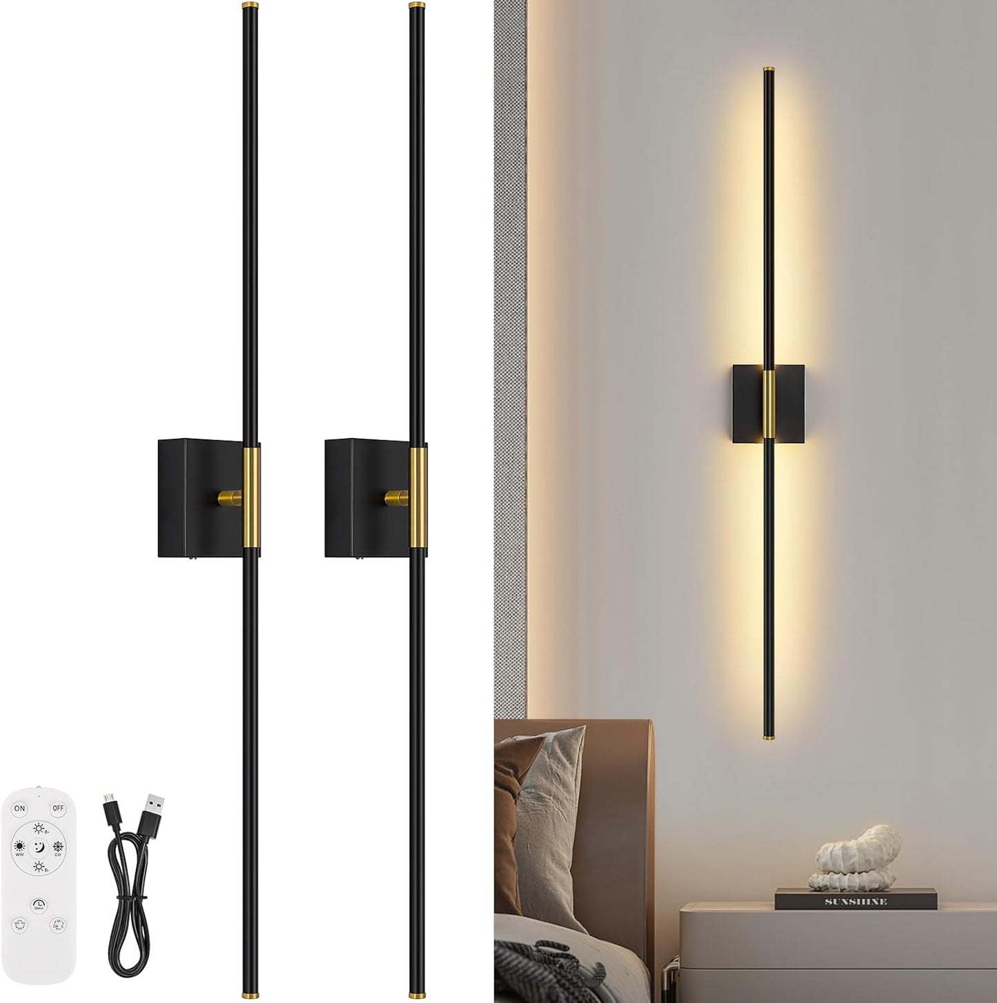 Battery Operated Wall Sconce Set of Two with Remote Control, 3000K-6000K Dimmable Black Wall Lights, Timable LED Wireless Wall Sconces, 350° Ratate for Bathroom, Living Room, Hallway 29.1 Inch