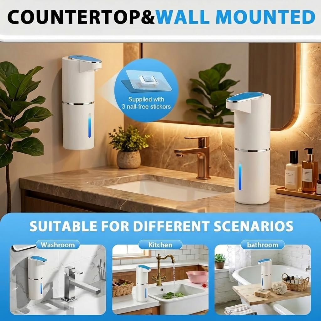 2 Pack Automatic Soap Dispenser, Touchless Electric Hand Sanitizer with 3 Gear Adjustable, Rechargeable 350ml with Infrared Motion Sensor IPX5 Waterproof for Kitchen, Bathroom, Office White Foam