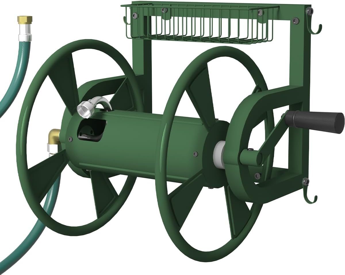 Artigarden Outdoor Wall Mounted Hose Reel with Hook, Garden Heavy-Duty Water Holder Winder with 3.9 ft Leader Hoses, Brass Fitting and Storage Basket for Yard, Holds 125 Ft of 5/8-Inch Hose, Black