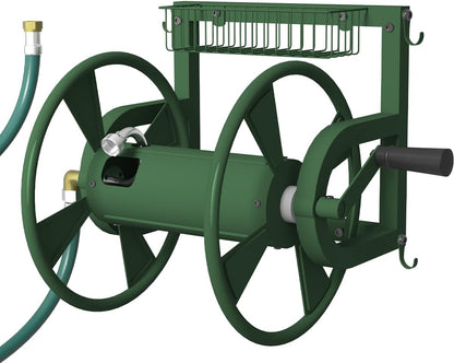 Artigarden Outdoor Wall Mounted Hose Reel with Hook, Garden Heavy-Duty Water Holder Winder with 3.9 ft Leader Hoses, Brass Fitting and Storage Basket for Yard, Holds 125 Ft of 5/8-Inch Hose, Black