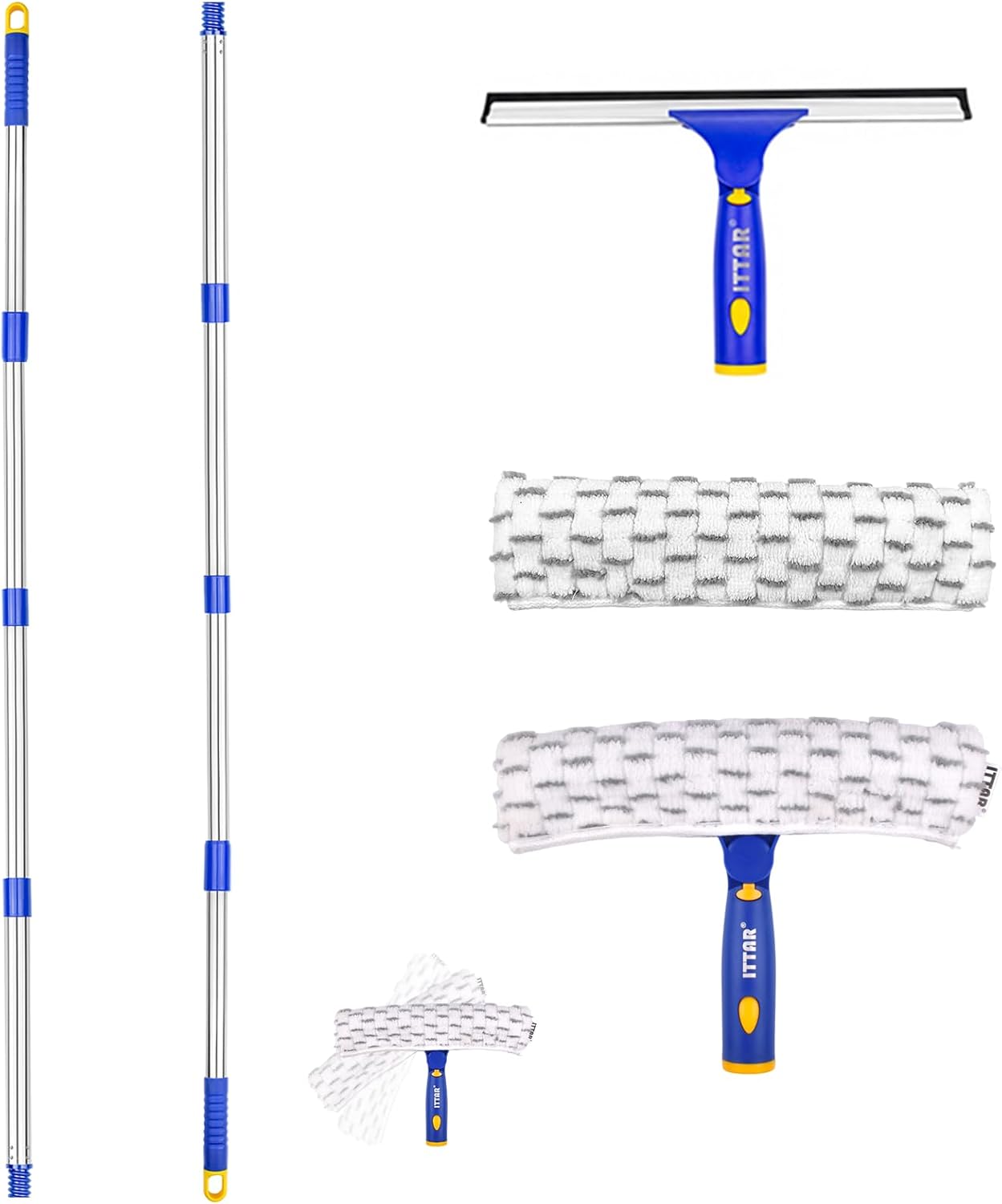 ITTAR Window Squeegee with 86 Inch Extension Pole, Rotatable Window Cleaning Kit with Long Handle, Rubber Blade & Microfiber/Chenille Pads Glass Cleaner Tool for Outdoor Windows, Glass, Car