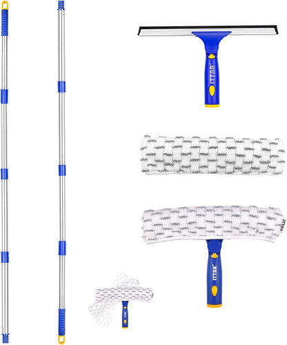 ITTAR Window Squeegee with 86 Inch Extension Pole, Rotatable Window Cleaning Kit with Long Handle, Rubber Blade & Microfiber/Chenille Pads Glass Cleaner Tool for Outdoor Windows, Glass, Car